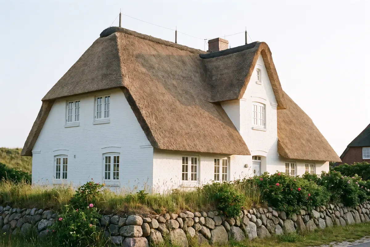 Reetgedecktes, weiß geschlämmtes Friesenhaus hinter einem Friesenwall mit Wildrosen